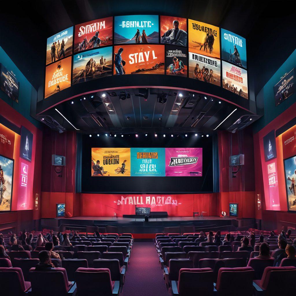 A dynamic collage depicting a futuristic cinema hall with a large screen showcasing vibrant film posters of upcoming releases. Surrounding the hall, illustrated film reels and clapperboards symbolize cinematic trends, while a diverse crowd of excited moviegoers represents the audience's anticipation. Add a glowing marquee sign that reads 'Stay Ahead of the Curve'. cinematic art. vibrant colors. 3D.