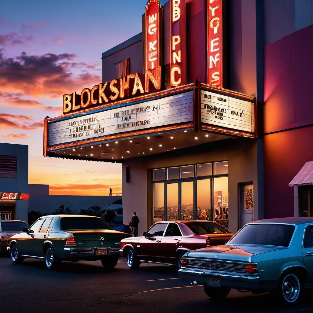 A cinematic landscape showcasing a vibrant movie theater with a marquee displaying various film genres from blockbusters to indie films. Include characters from different film styles, like action, drama, and comedy, mingling outside the theater, with popcorn and film reels scattered around. The sky is a blend of sunset hues, illuminating the scene with an artistic flair. super-realistic. vibrant colors. cinematic style.