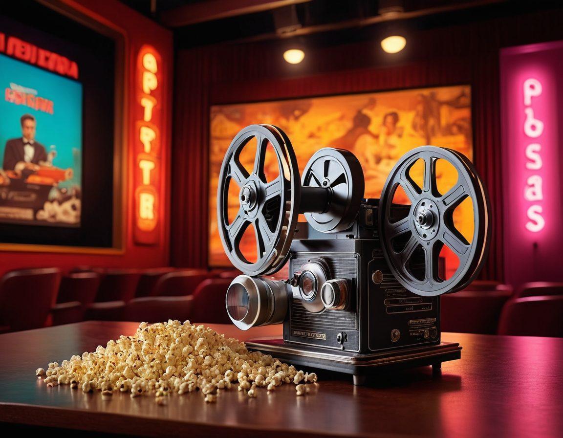 A cinematic scene featuring a vintage movie projector casting film reels amidst a vibrant theater backdrop, showcasing iconic film posters. Include people engaged in lively discussions, popcorn, and 3D glasses. The ambiance should evoke nostalgia and excitement for cinema. super-realistic. vibrant colors. cinematic lighting.
